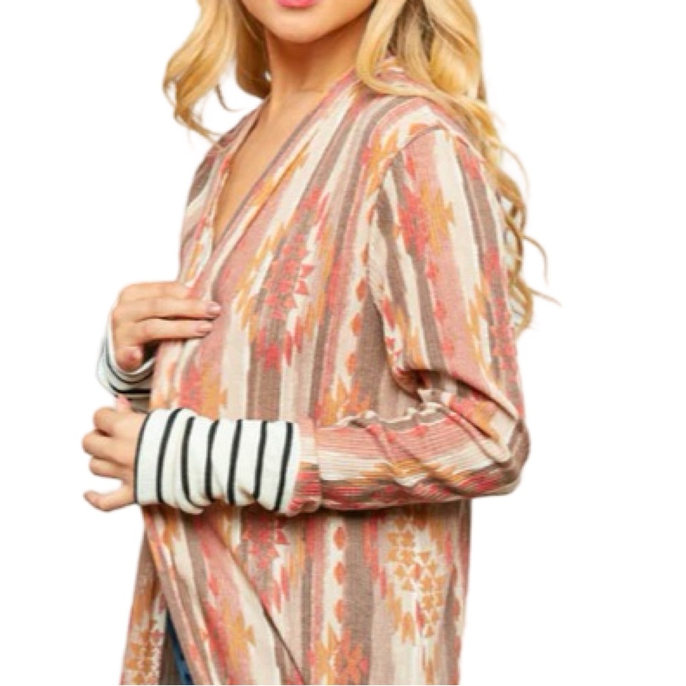 7th Ray Aztec Printed Stripe Sleeve Open Cardigan - Picture 3 of 10